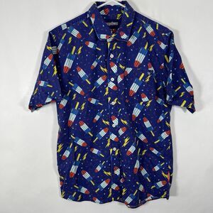 TIPSY ELVES Short Sleeve Button Up Shirt Mens Size Medium Blue Bomb Pop AOP USA